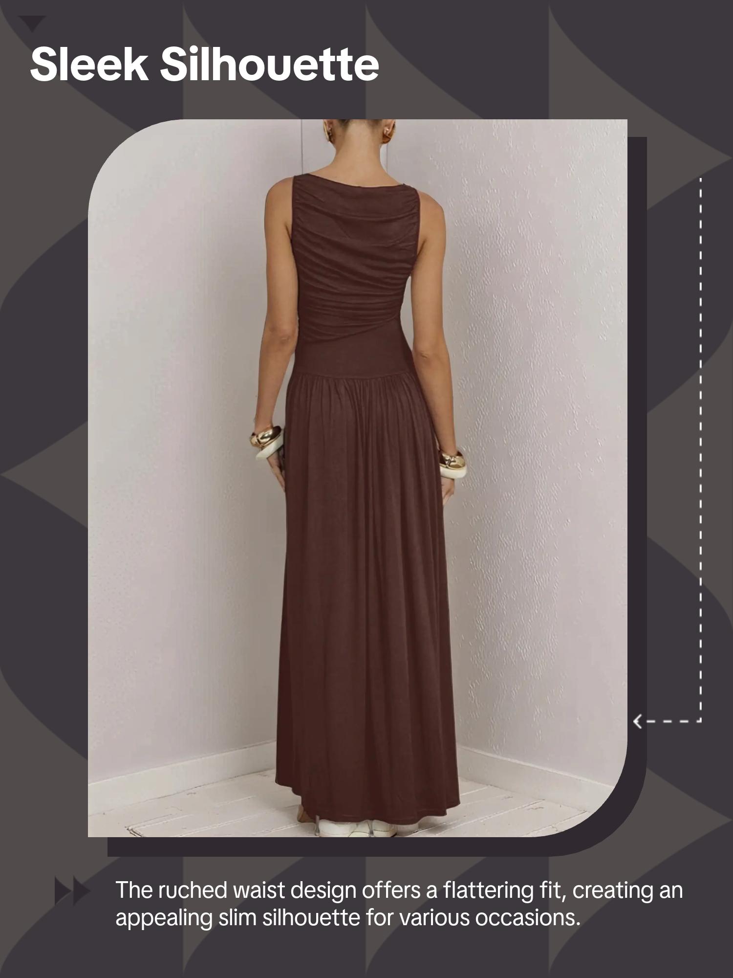 Women's Solid Color Slim Fit Ruched Woven Dress, Elegant Chic Sleeveless Long Dress for Party Holiday Wedding Guest, Ladies Clothes for Summer, Womenswear