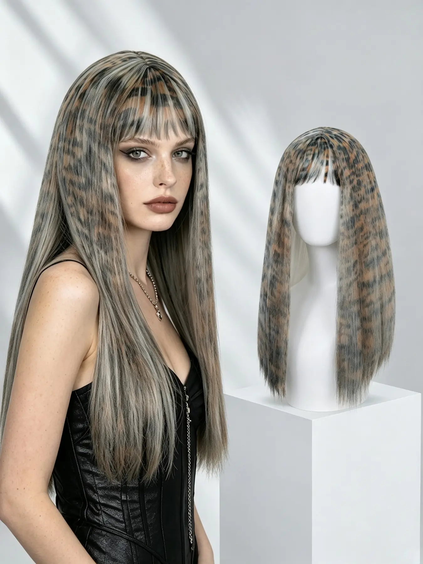 Leopard Print Long Straight Costume Wig, Party Wigs, Synthetic Full Head Wig with Bangs, Halloween Party Hair Accessory, Trendy Photo Shoot