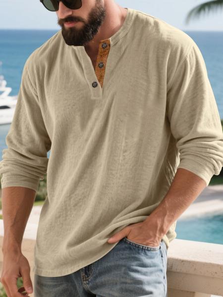 Men's Corduroy Long Sleeve Henley Shirt, Vintage Casual Loose Fit Top, Soft Comfortable Fabric for Spring & Fall Fashion
