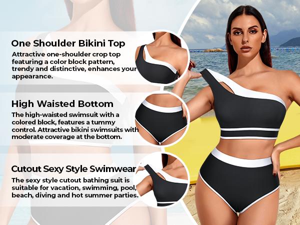 Tempt Me Women One Shoulder High Waisted Bikini Color Block Two Piece Swimsuits Cutout Two Piece Bathing Suit Tummy Control Bikini