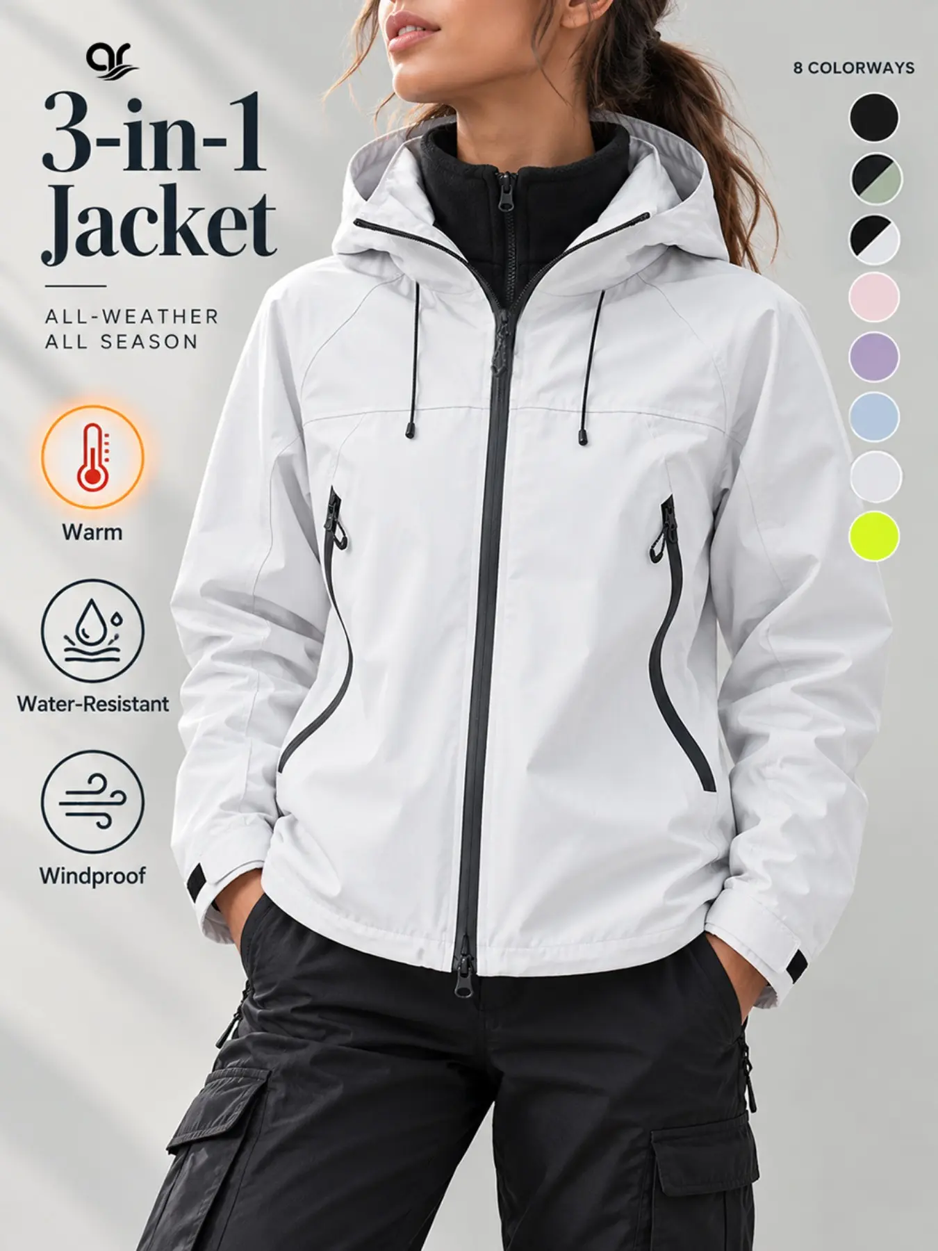 AR Women's 3-in-1 Waterproof Winter Jacket Warm Fleece Lined Hooded Ski Coat Windproof Raincoat Outerwear for Outdoor Hiking Camping Travel Daily Streetwear