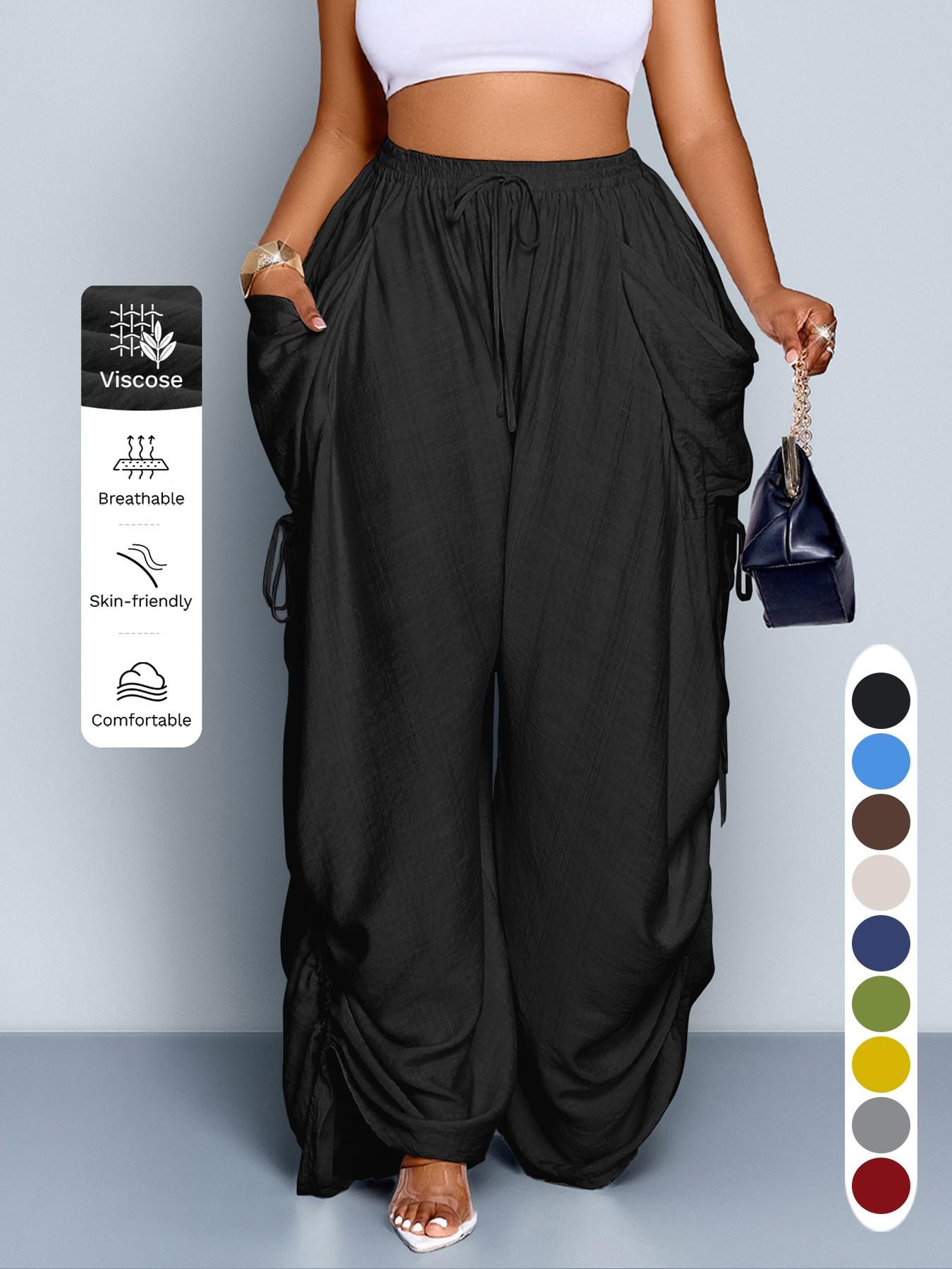 Women's Casual Loose-Fit Wide Leg High Waist Pants, Bottom, All-Season Woven Fabric, Long Plain Design, Daily Commute & Vacation Wear