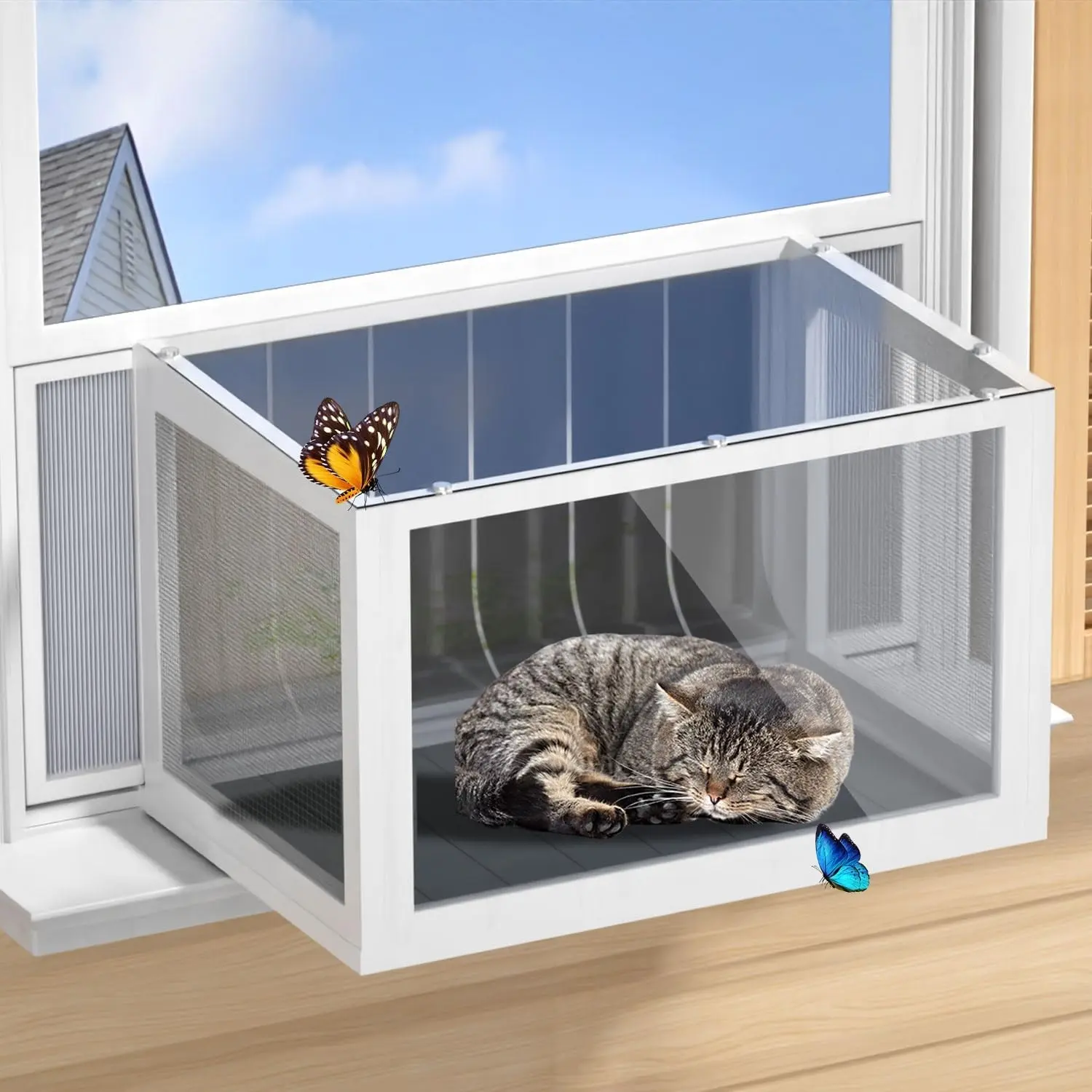 Grey Universal Fit Cat Window Box Catio - Enclosed Indoor Outdoor Cat Enclosure with Transparent Panels, Mesh Sides, PVC Curtain, Sunbath Perch for 25"-43" Windows, Ideal for Sunbathing, Overlook View