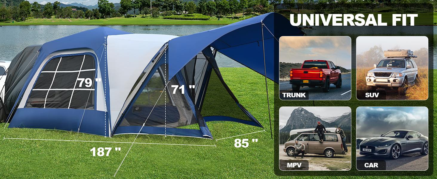 Lilypelle SUV Tent Car Tailgate Tent with Porch for Camping, 6-8 Person 10' x 10' Car Camping Tent, 6' x 7' Screen Room Vestibule Awning Porch Lilypelle SUV Tent Car Tailgate Tent with Porch for Camping, 6-8 Person 10' x 10' Car Camping Tent, 6' x 7' Screen Room Vestibule Awning Porch