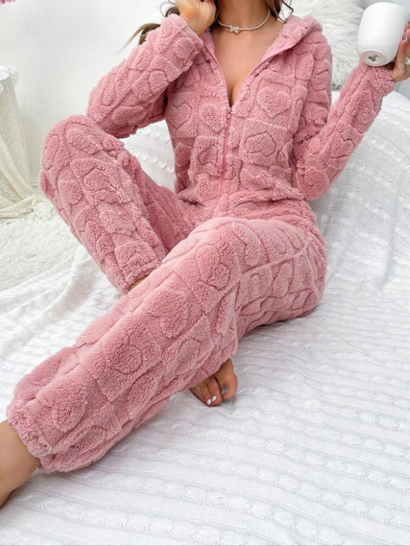 Women's Plush Onesie Pajamas Set, Long Sleeve Hooded Jumpsuit with Ears Design, Autumn Winter Warm Sleepwear for Ladies