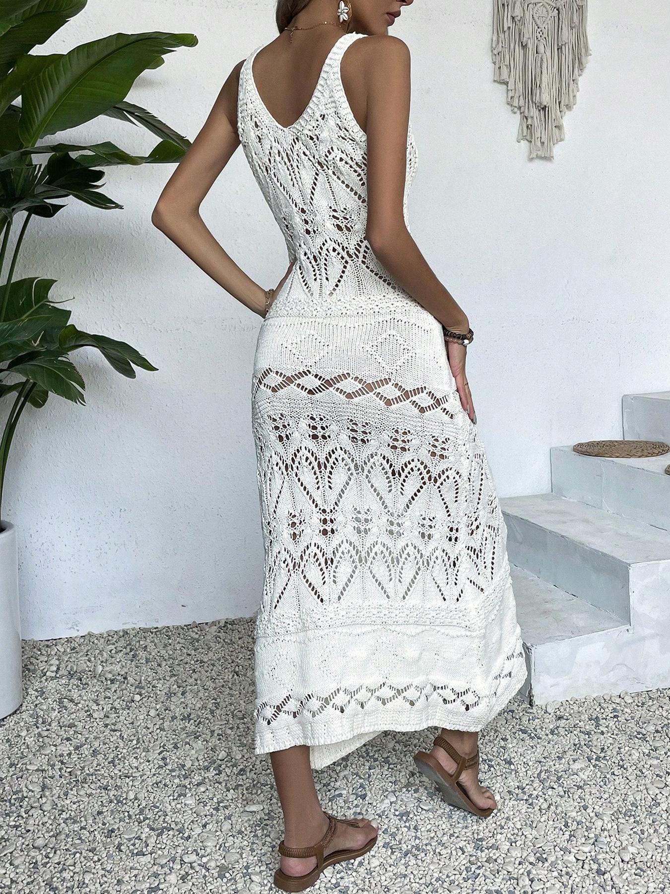 Women's Elegant V-Neck Sleeveless Dress, Casual Summer Beachwear, Fitted Plain Hollow Out Pattern, Thin Split Design, Fall Winter Fashion