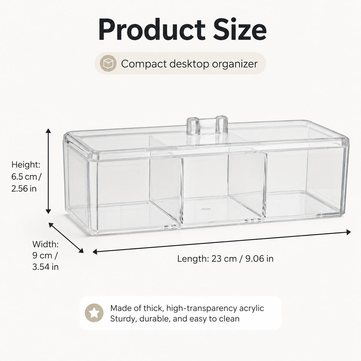 1PCS Clear Acrylic Cotton Pad & Qtip Holder with Lid, 3-Compartment Dustproof Odorless Makeup Organizer for Cotton Balls, Swabs, Beauty Sponges, Powder Puffs, Floss Picks, Bathroom Vanity, Dressing Table, Desk & Skincare Storage