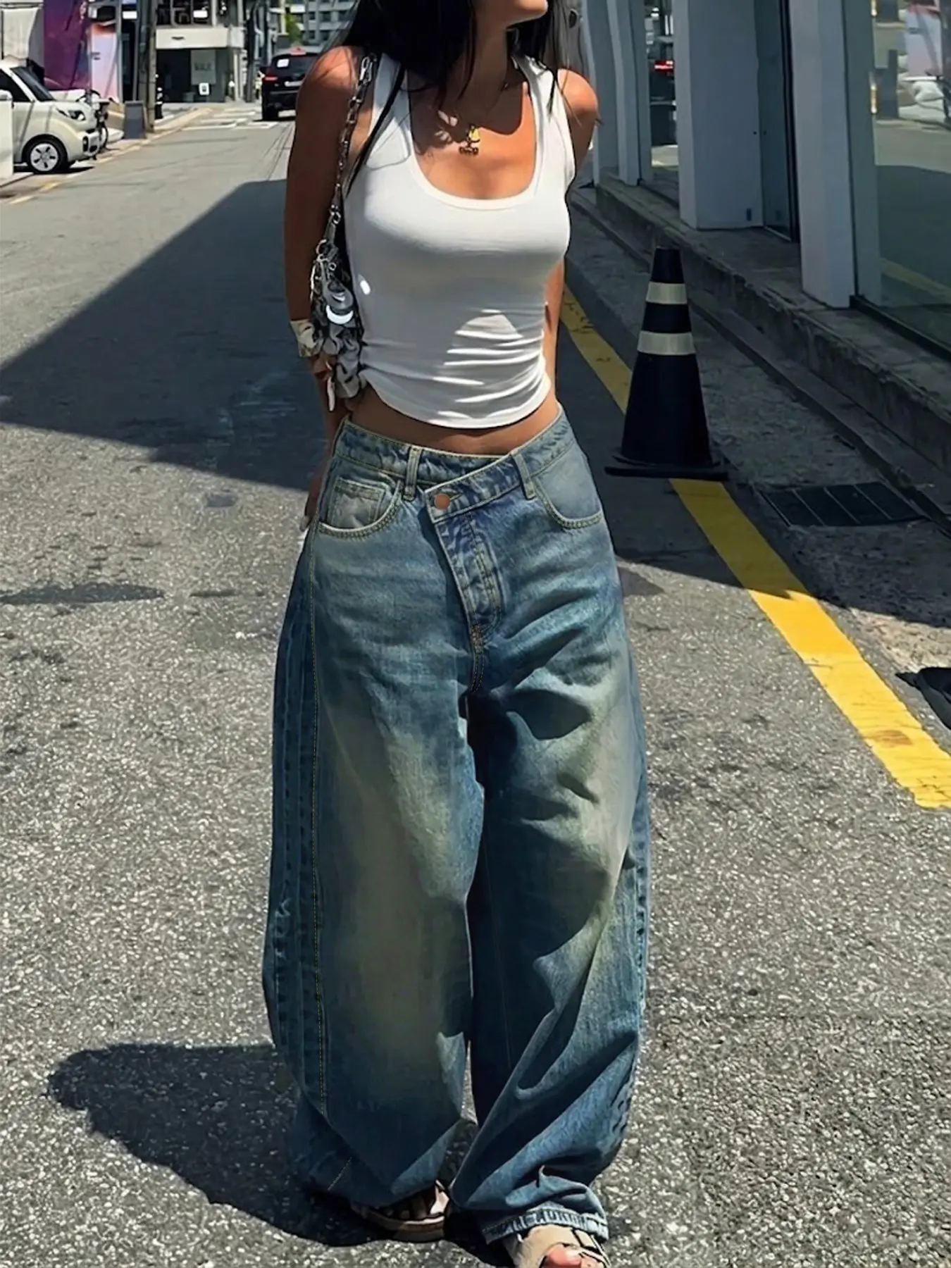 Vintage Fashion Blue Button Design Patchwork Wide Leg Women's Denim Jeans, Casual Straight Fit Loose Floor-Length Pants, New Fall Collection