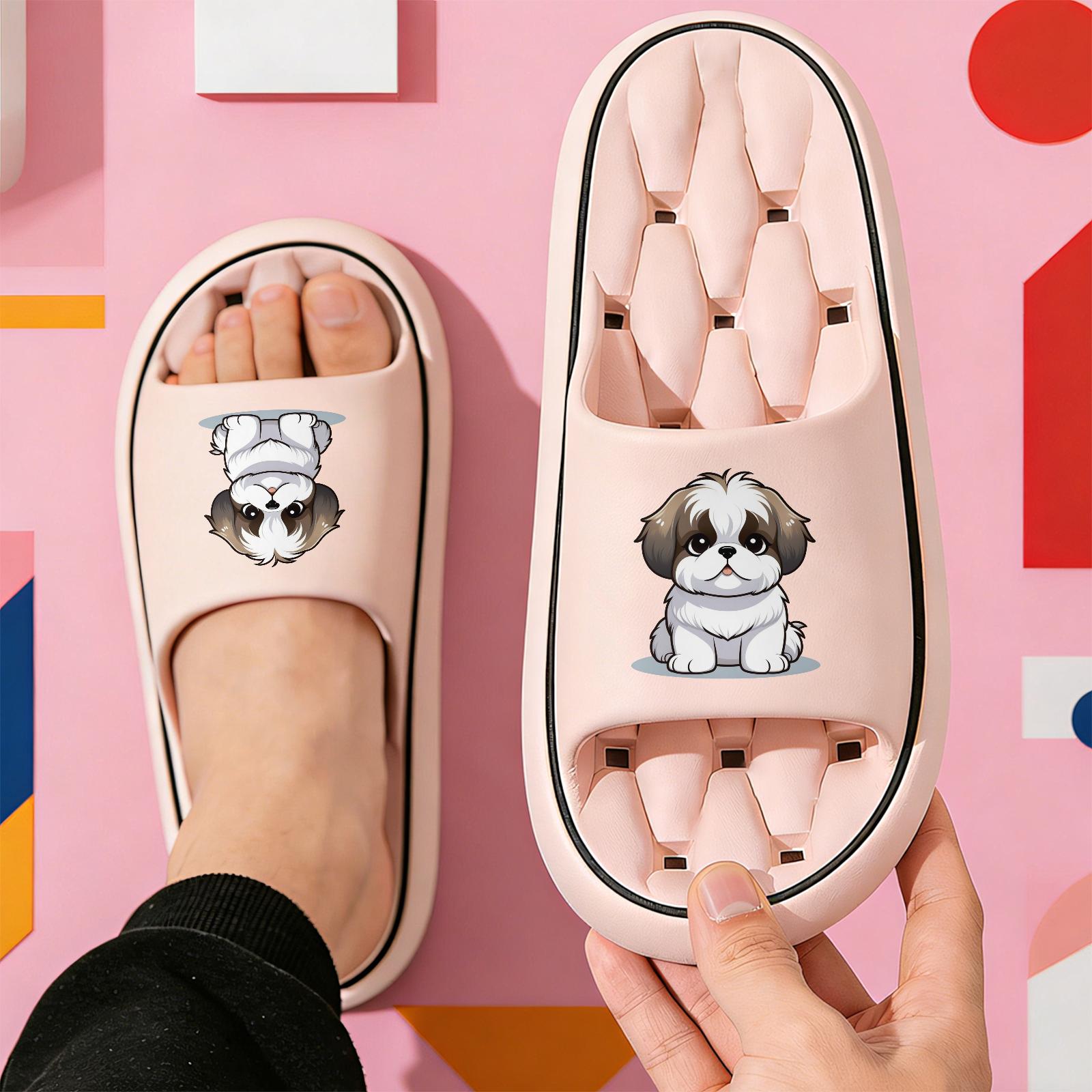 Cute Shih Tzu Print Quick-Dry Hollow Out Slide Slippers, Non-Slip Bathroom Shower Shoes, Soft Cushioned Home Sandals for Dog Lovers