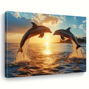 Dolphins Leaping in the Sunlight Framed Canvas Art Print – Suitable for Living Room, Bedroom, Kitchen, and Office Decor; Perfect Christmas Gift and Ideal for Room Decoration; Gallery-Wrapped Canvas, Ready to Hang.