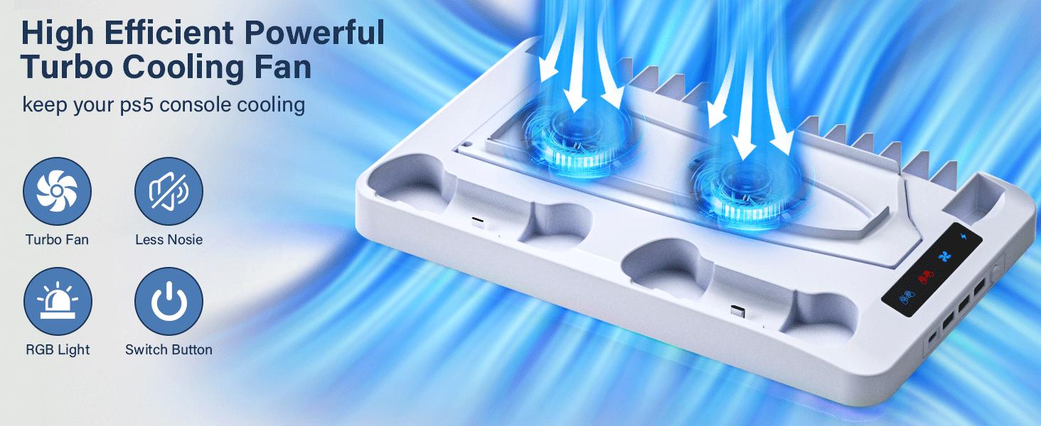2026 Upgraded Cooling Station for PS5/Slim Console with Dual PS 5 Controller Charger,Dual Tubor Fan,3 USB Hubs