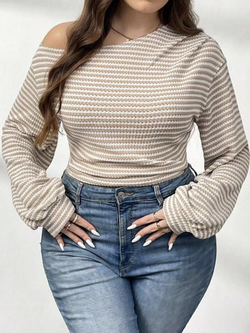 【Plus Size】1 Piece Women's Beige & White Striped Cold Shoulder Long Sleeve Crop Top, Y2K Aesthetic Street Style, Waffle Knit Fabric & Slim Fit, Ruffled Cuff Detail, For Fashion-Forward Women, Perfect for Streetwear, Casual Outings & TikTok Trendy Looks