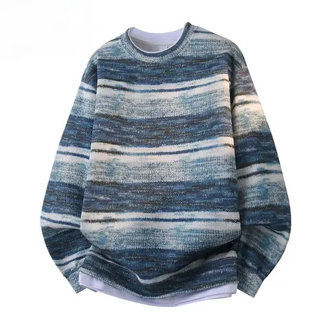 Men's Retro Colorful Gradient Stripe Mock Neck 2-Piece Loose Longsleeves Sweatshirt - Fall Must-Have Fashion Oversized Knit Casual Top, Fashion Men's Pullover