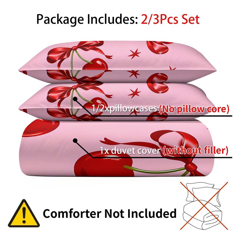 Pink cherry and bow print bedding set, cover and pillowcase combination, suitable for family bedrooms and hotels, Soft Bedding Set