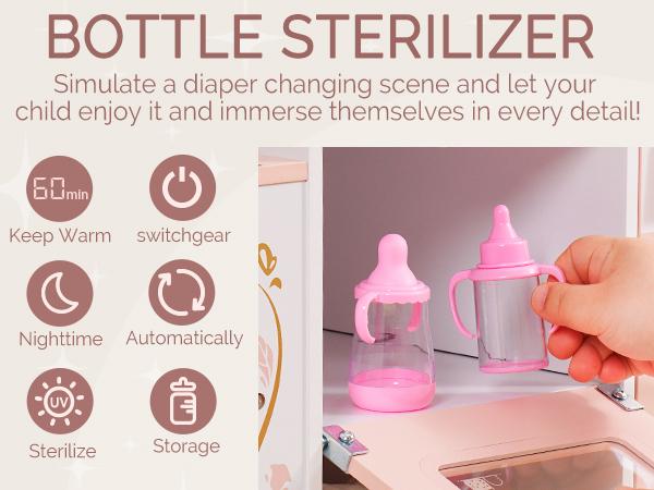 ROBUD Baby Doll Crib, Pink Baby Doll Beds, Wooden Doll Changing Station with Seat, Bottle Sterilizer, Washing Machine and Storage, Doll Accessories of Toy Crib to Kids