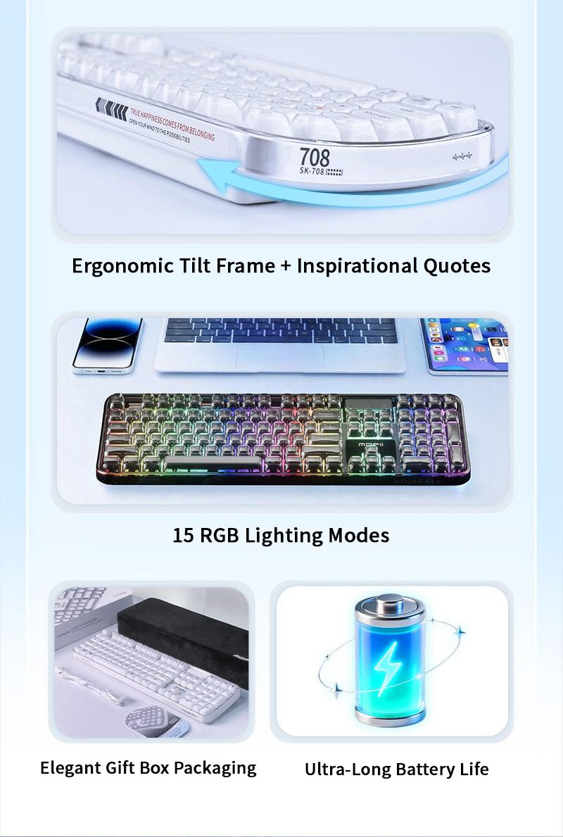 MOFii 708 RGB Backlit Full-Size Keyboard, Stylish White Transparent Keycaps, Tri-Mode Rechargeable, US Qwerty, Compatible with Phones & Tablets, Must-Have for Office & Gaming