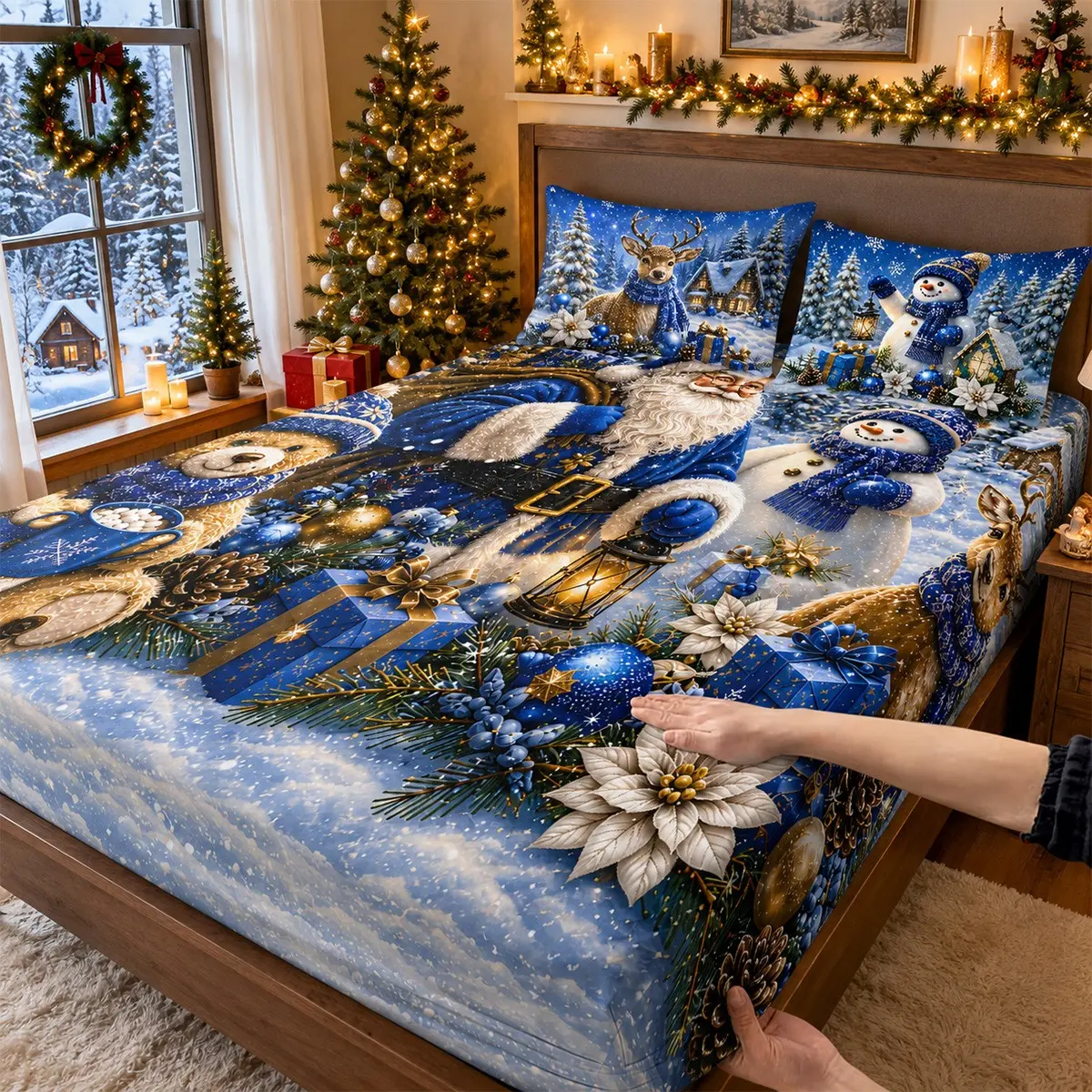 3pcs Christmas fitted sheet set, Print Bedding Set, with blue Santa Claus, snowman, reindeer print (one fitted sheet + two pillowcases, pillow inserts not included). Comfortable and breathable, available in multiple sizes