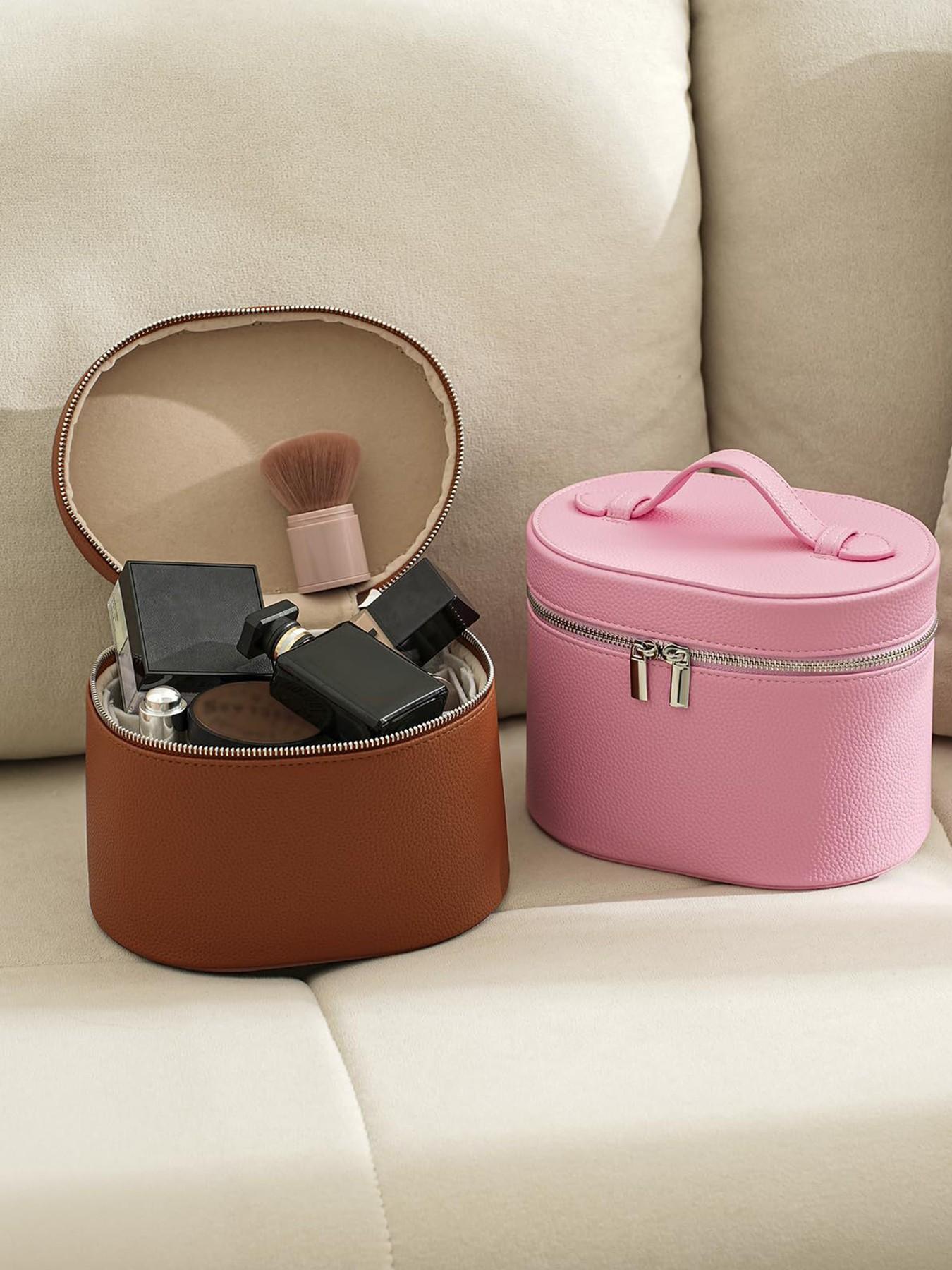 Fashion PU Cosmetic Bag, Large Capacity Travel Makeup Pouch, Detachable Lining, Solid Pattern, All Seasons, Women's Vanity Case