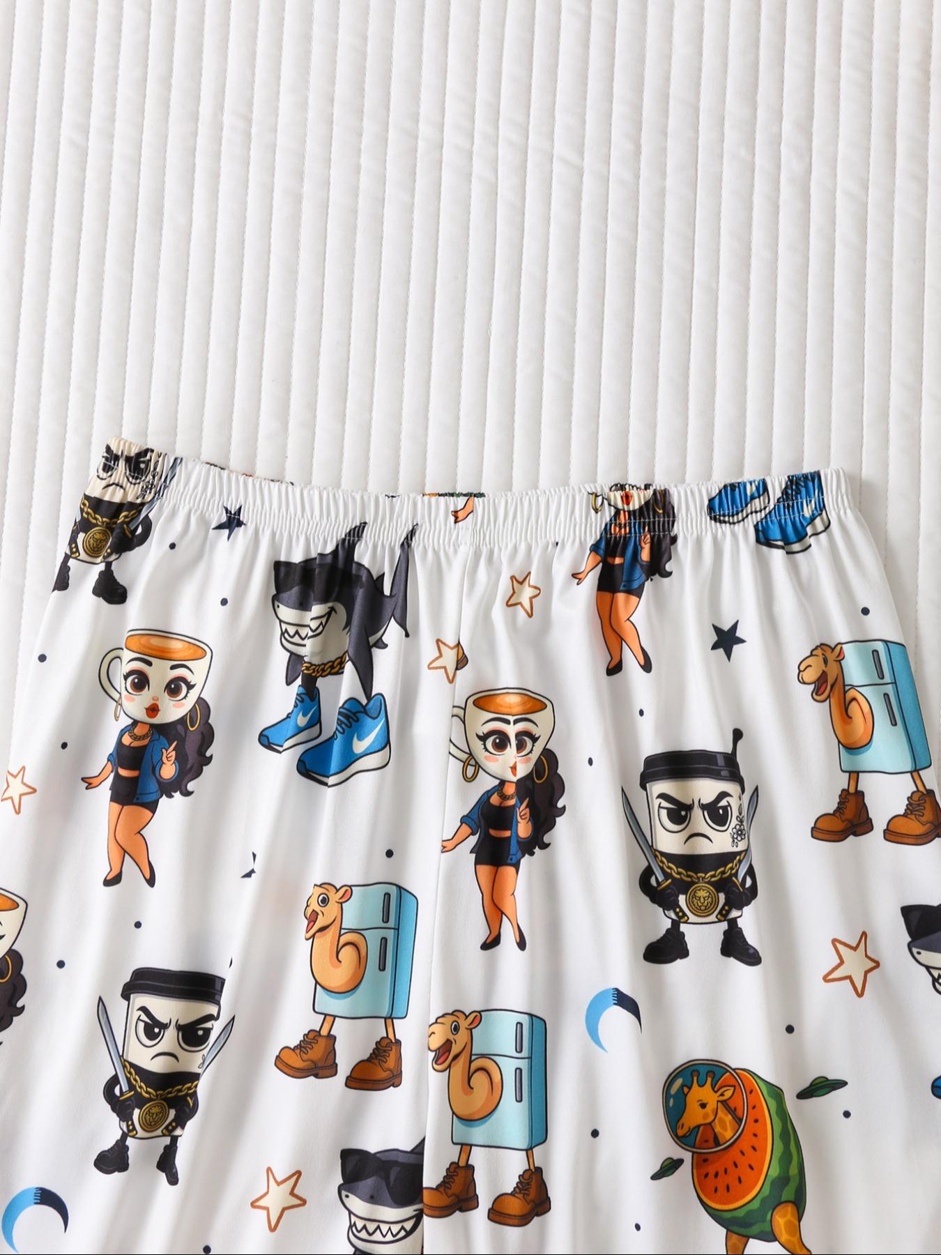 Women's Cartoon Print Pajama Set, Long Sleeve Button Front Top & Loose Fit Pants, Casual Spring & Fall Sleepwear Loungewear