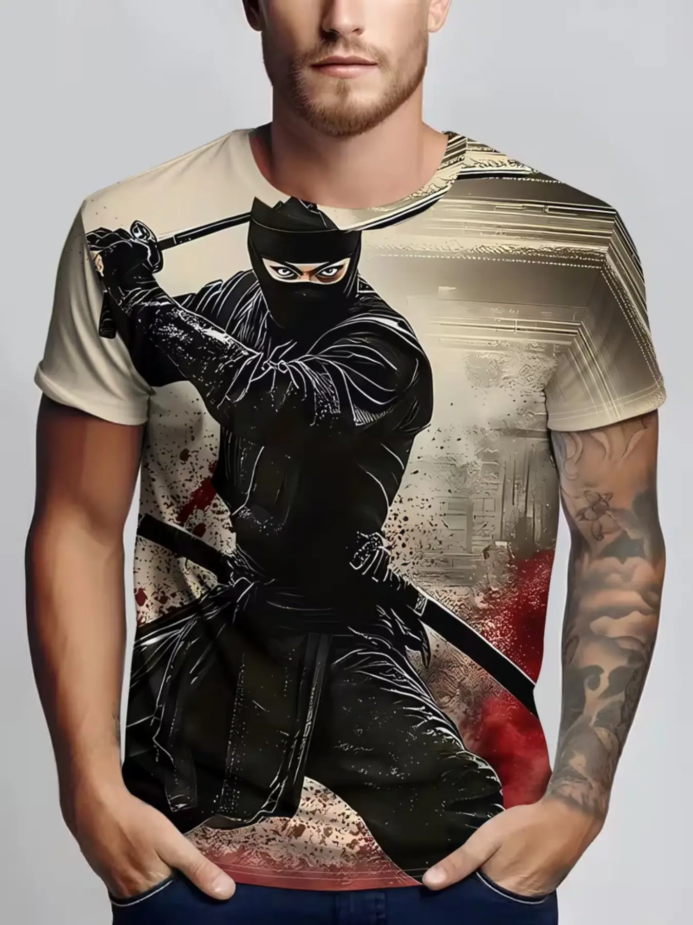 Men's Sporty Short Sleeve T-Shirt, Ninja Design, All over Print, Slim-Fitting, Street Style, Artistic, Versatile, Daily Wear