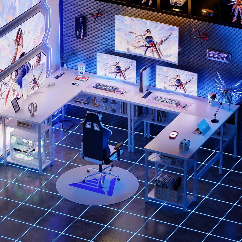 Homieasy Reversible L Shaped Gaming Desk with Power Outlets and USB Charging Ports, Sturdy Computer Desk with Storage Shelf, Modern Corner Desk Home Office Table, Easy to Assemble, White