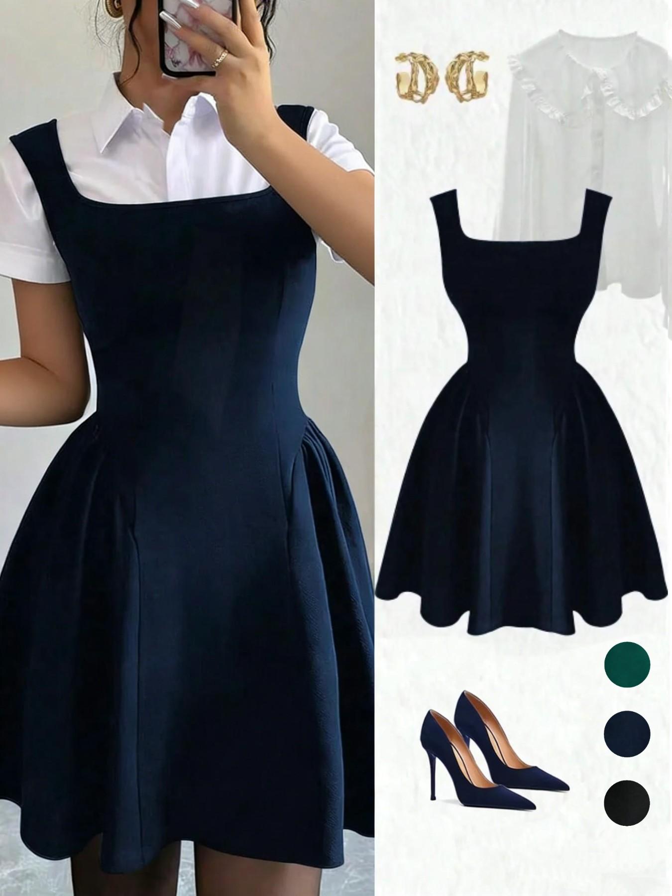 Women's Square Neck A-Line Dress, Slim-Fitting Ruffled Hem, Casual Wear for All Seasons, Perfect for Commuting and Daily Use