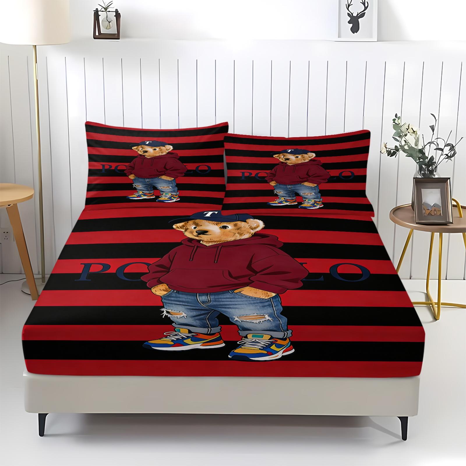 Teddy Bear Pattern Bed Sheet, Comfortable Printed Pattern, Includes 1 Bed Sheet and 2 Pillowcases, Comfortable Bedding, Non slip Dust Cover Suitable for Bedroom and Guest Room, Suitable as a Gift for Children or Adults