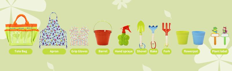 EFFUN Gardening Set, Tool Kit, for Kids, STEM, Includes Tote Bag, Spade, Watering Can, Rake, Fork, Trowel and Gloves