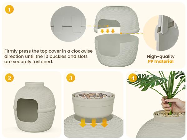 RoyalCraft Hidden Litter Box with Faux Plant, Large Cat Litter Box with Rattan Pattern, Heavy Duty PP Material Litter Box Enclosure Furniture for Home Decor