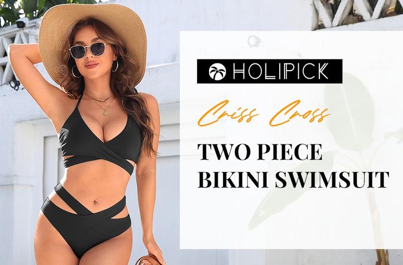 Holipick Two Piece Bikini Sets for Women High Waisted Bikini Push Up Swimsuit Halter Wrap Criss Cross Bathing Suit Triangle Bikini Top Bandage Tie Front Swimsuit with V Cut Bikini Bottoms Twist Front Bikini Top with Full Coverage Bottom
