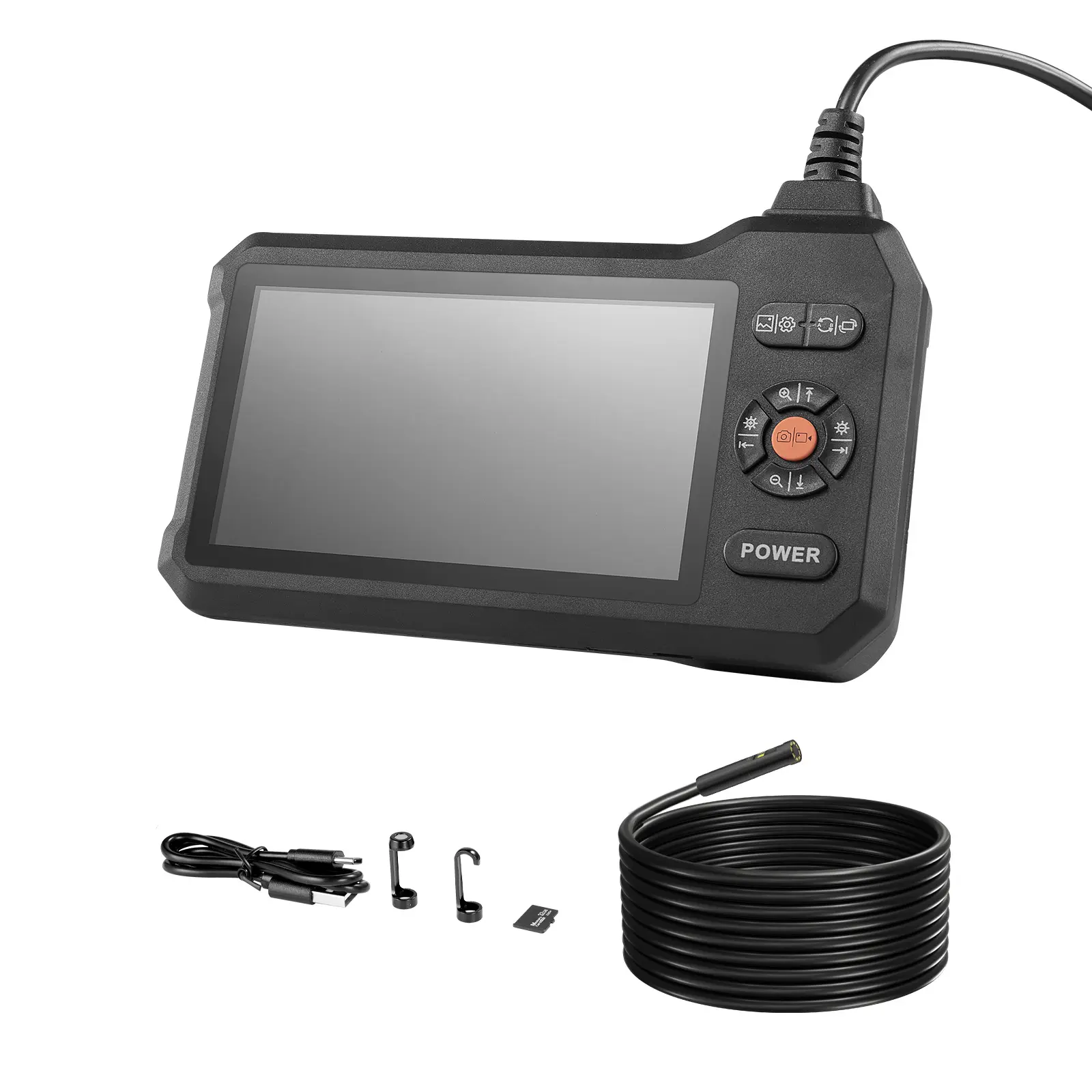 Dual Lens Endoscope with Light, 5" HD IPS Screen Industrial Borescope Camera, 0.22-inch Slim Lens, 8X Zoom, IP67 Waterproof Inspection Snake Camera for Automotive, Plumbing (16.4FT Rigid Cable)