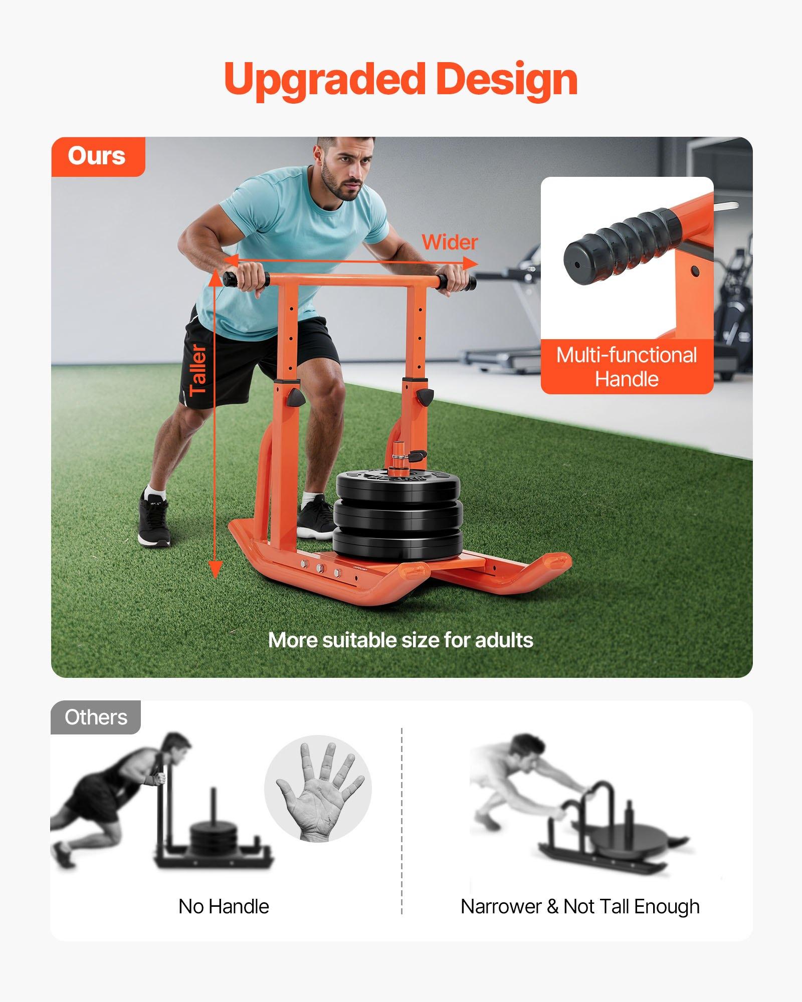 VEVOR Weight Sled, Steel Power Sled, Fitness Training Sleds for Athletic Exercise Speed Improvement, Workout Equipment with Adjustable Height Handle, Compatible with 1/2 in Weight Plates, Orange