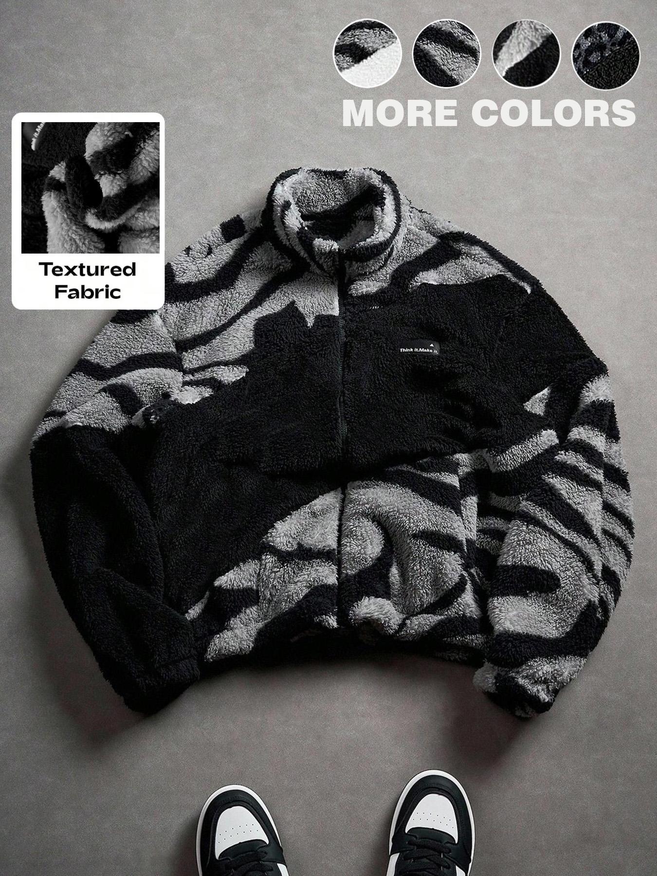 Unisex design, trendy couple's outfit, Y2K style with English patterns and street-style zebra print color-blocked fleece-lined Long Sleeves jacket for autumn and winter. Suitable for streetwear, Y2K fashion, high-street culture,ideal as a gift for men