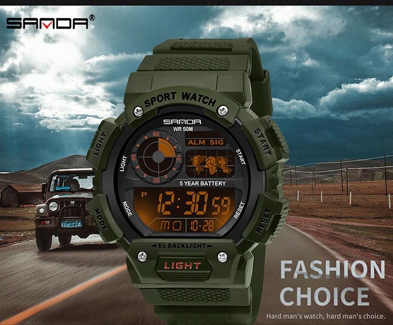 Sanda Fashion Waterproof Digital Watch for Youth, Dual Time, Stopwatch, Alarm, Luminous, Week Date, 12/24h, Casual Style, All Seasons