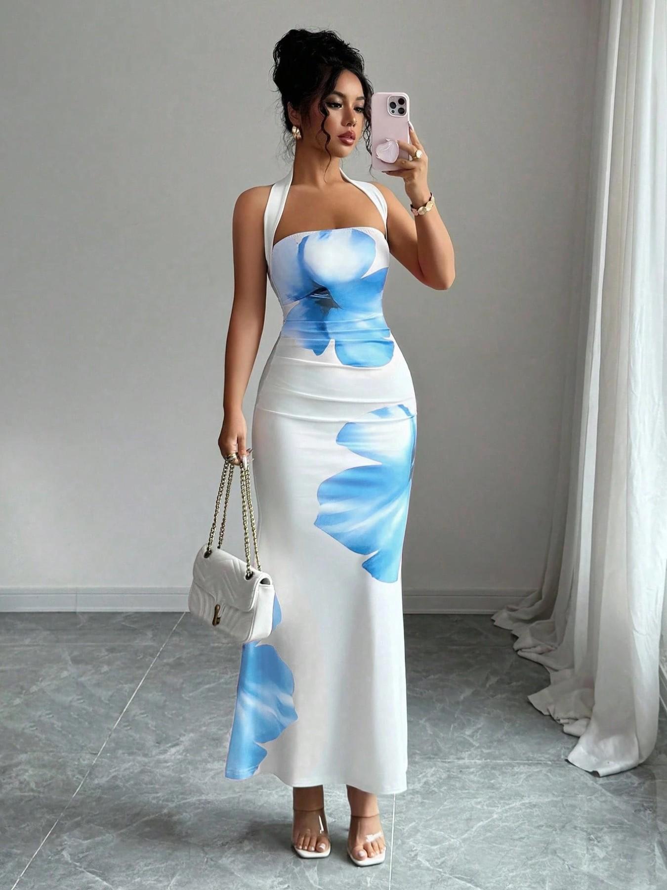 Women's Printed Halter Neck Sleeveless Slim Fit Dress, Bodycon Party Gown, Elegant and Stylish Design, Perfect for Formal Special Occasions, High-Quality Material, Dresses For Party