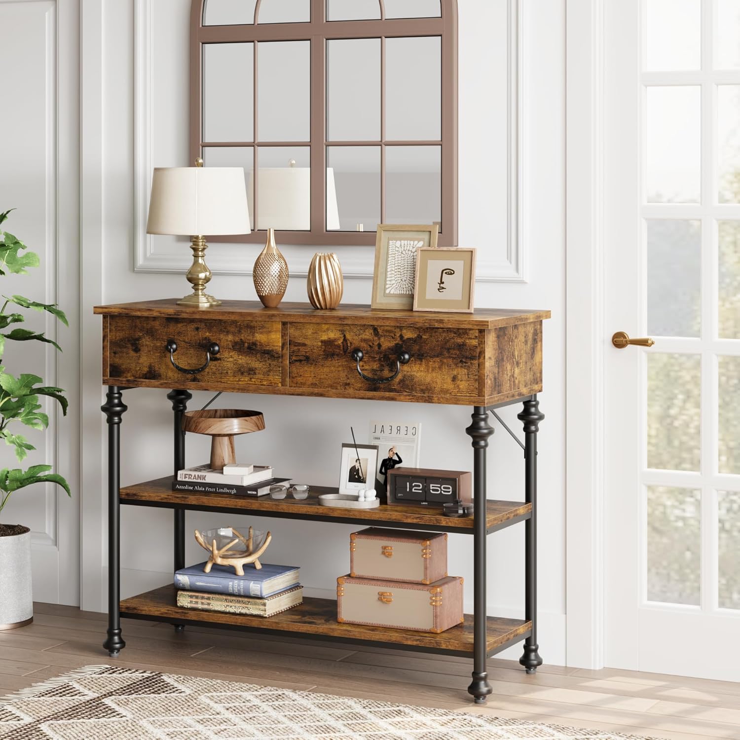 Multifunctional Entryway Table with 2 Drawers & Storage Shelves | Rustic Console Table for Living Room, Hallway & Sofa Area | Versatile Console Tables for Entryway & Home Decor