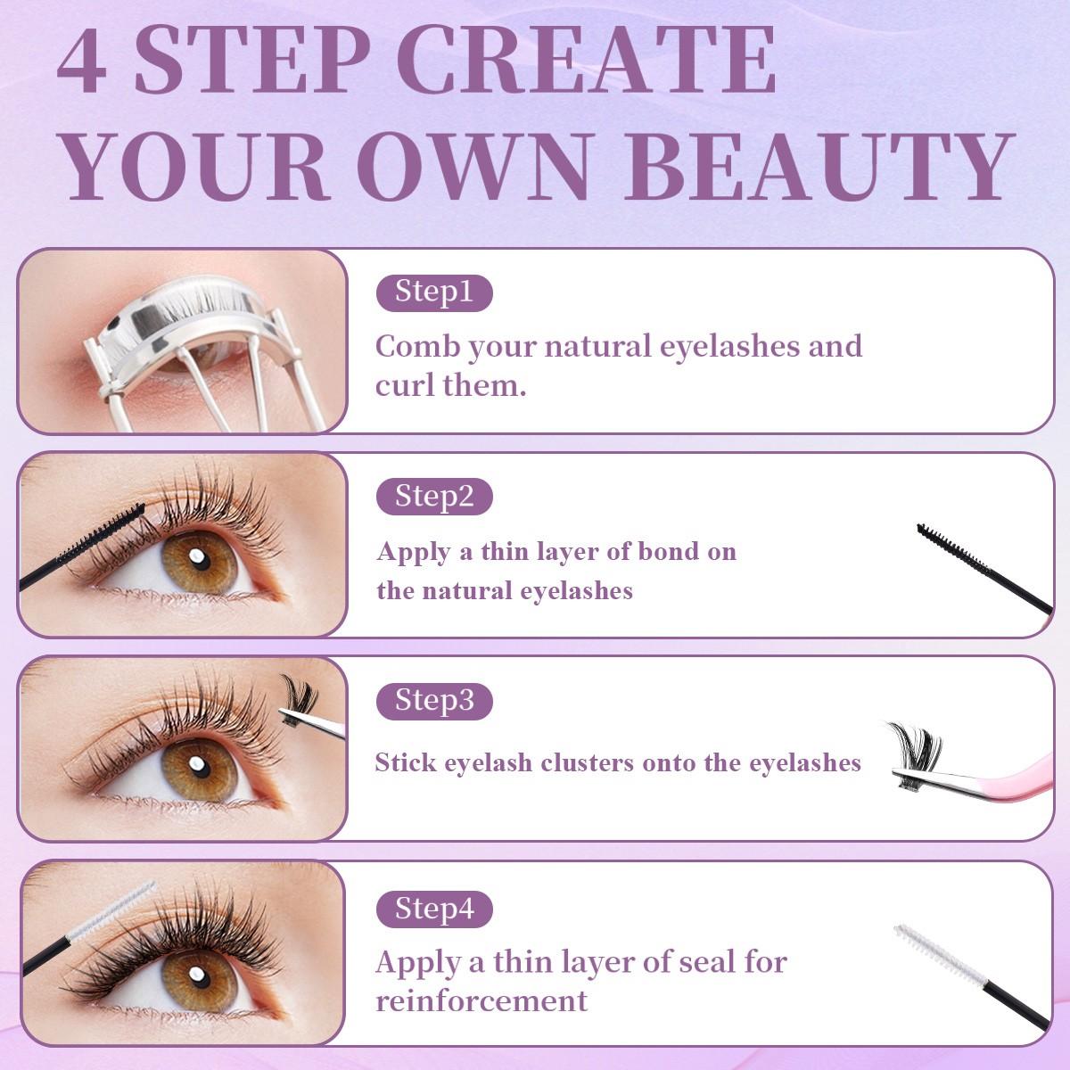 False Eyelashes Kit, 1 Set D Curl Eyelash Clusters, Fluffy Eyelash Clusters with Eyelash Glue, Remover, Brush & Tweezers, Eyelash Extension Kit for Women & Girls