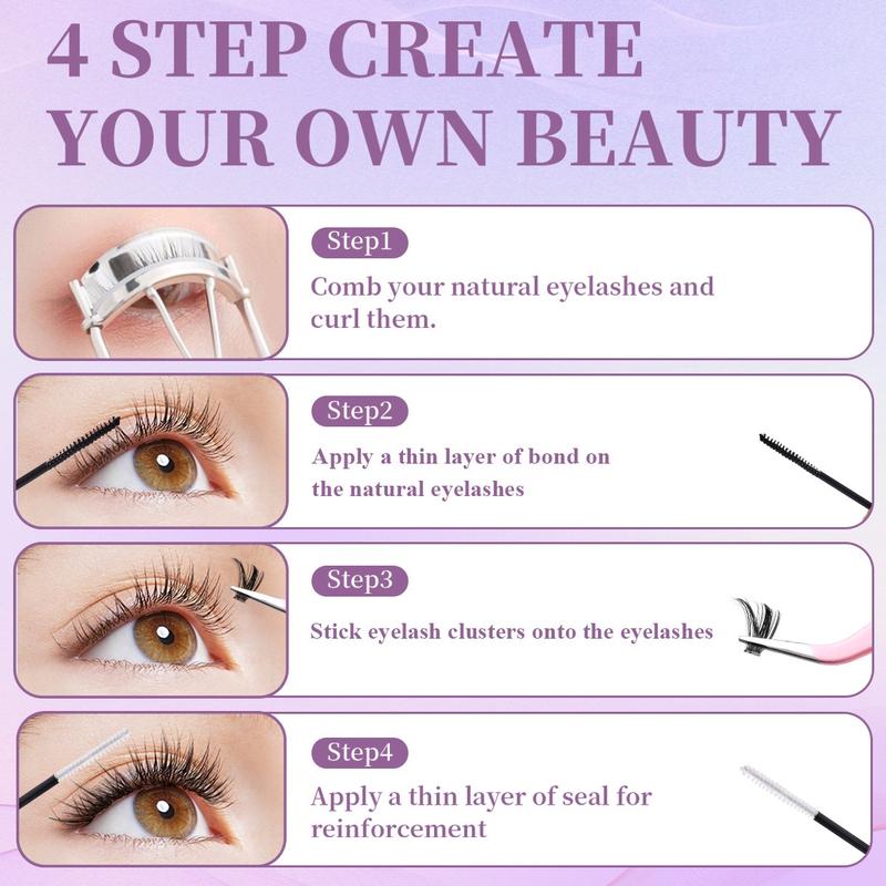 False Eyelashes Kit, 1 Set D Curl Eyelash Clusters, Fluffy Eyelash Clusters with Eyelash Glue, Remover, Brush & Tweezers, Eyelash Extension Kit for Women & Girls