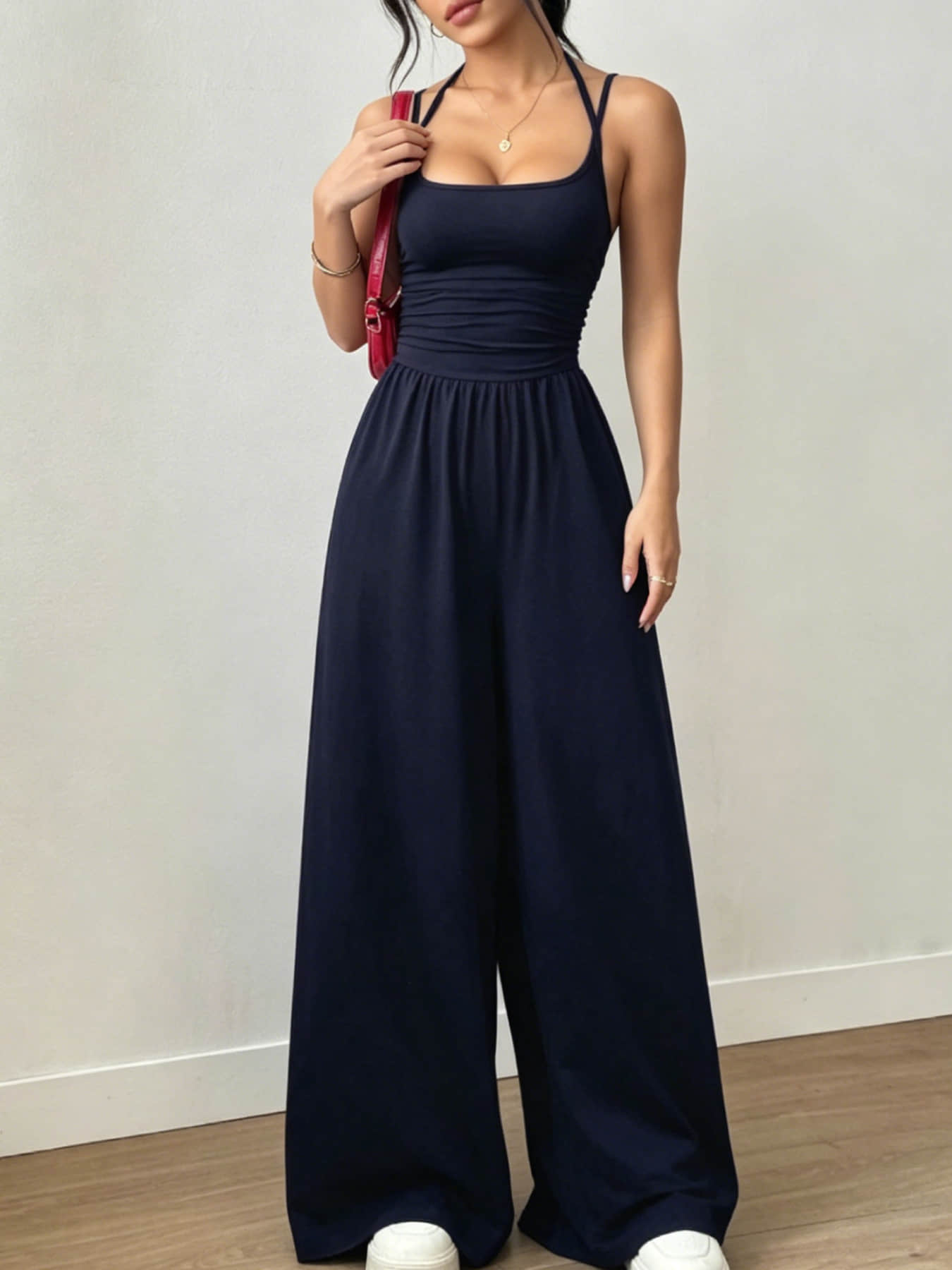 Summer New Fashion Women's Wear Design Double Fine Shoulder Strap One-Piece Wide Leg, Pleated Waist Design, Suitable for Commuting, Daily Wear, Vacation, Home, and Outdoor Adventures