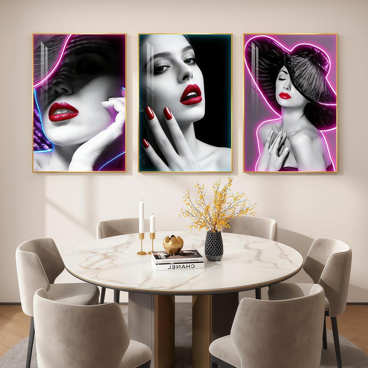 3 Counts Aluminum Alloy Framed Painting, Neon Beauty Portrait Art With Red Lips And Nails, Home Decoration For Living Room, Bedroom, Office, Restaurant, Hallway Wall Decor, Odorless Print Artwork, Luxury Perfect Gift For Friends And Family
