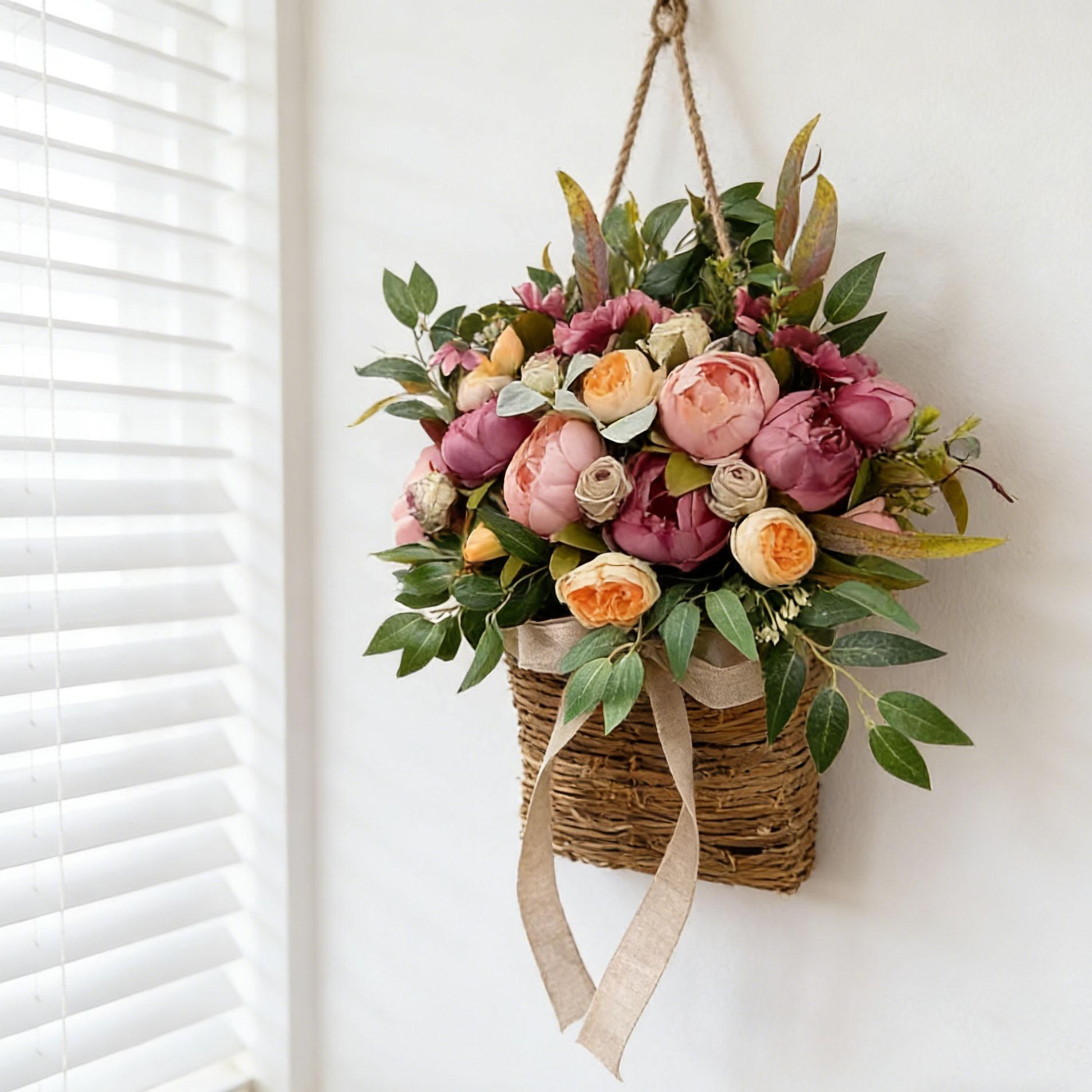 Peony Flower Door Basket Wreath, Spring Summer Wall Hanging Decor, Includes Hydrangea, Plastic Wreath for Front Door, Mother's Day, Daily Decor
