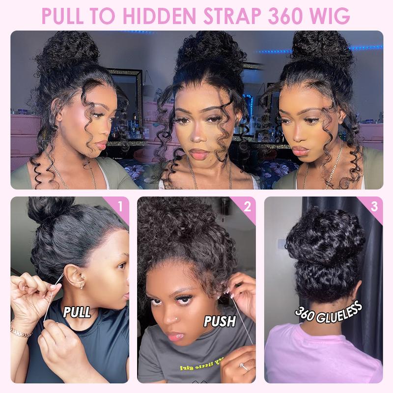 Pizazz Hair Hidden Strap 360 Lace Front Wigs Human Hair Pre Plucked Pre Bleached Knots 220 Density Water Wave HD Lace Frontal Wig with Drawstring Curly Full Lace Front Wigs for Women