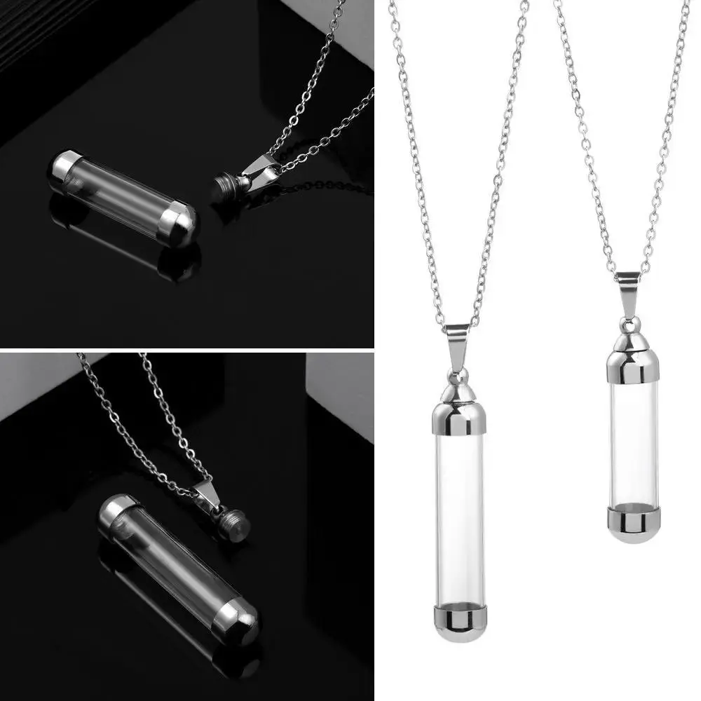 Silver and Transparent Openable Straight Tube Shape Screw Cap Keepsake Steel Chain Necklace - DIY Jewellery Ash Sand Glass Vial Lucky Charm Wishing Bottle Pendant Perfume Jar, Openable Vial, Unisex, 4.1Cm*1.1Cm, Vial Necklace, Chain Length: 50Cm