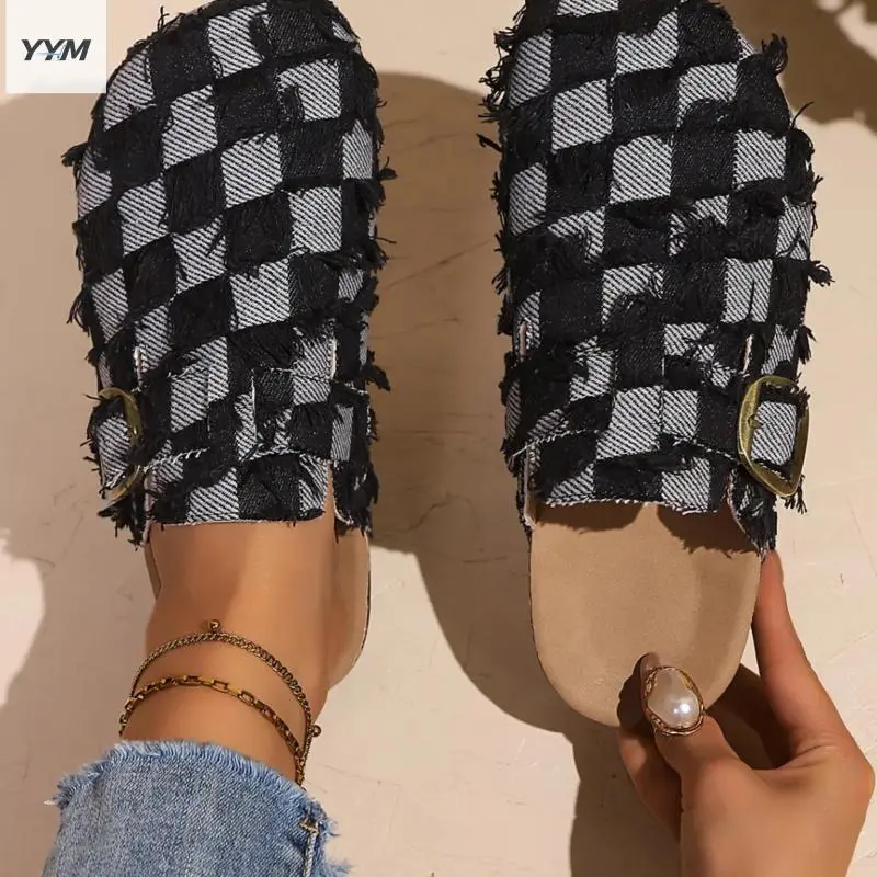YYM 2026 New Women's Frayed Checkered Mules, Vintage Distressed Plaid Toe Clogs, Comfortable On Slides OutdoorWomen's Black White Checkered Mules, Frayed Distressed Plaid Strap Clogs, Casual Toe Slides All Shoes Mules