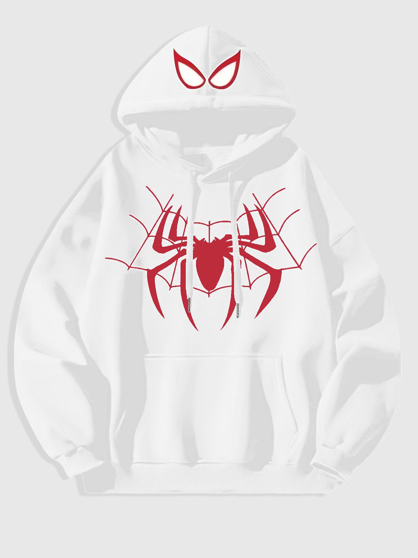 Men's Black Spider-Man Graphic Hoodie with 3D Red Spider Logo and Web Design, Soft Fleece Pullover for Superhero Fans and Casual Streetwear