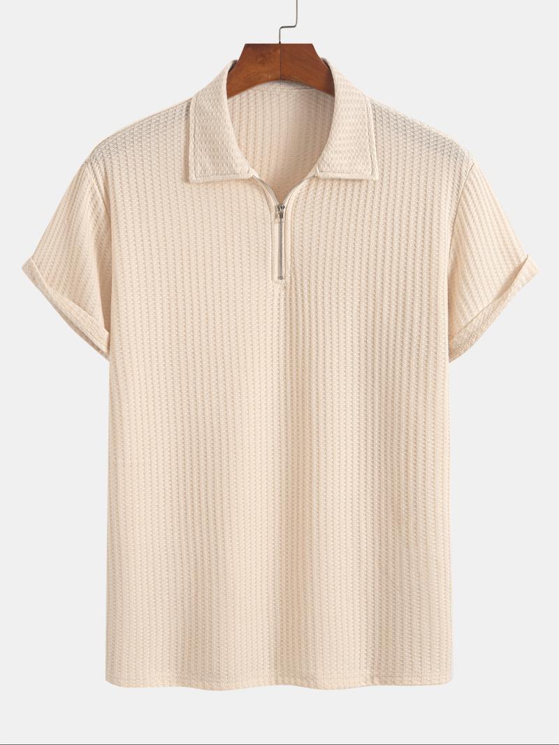 Men's Solid Ribbed Short Sleeve Knitted Polo Shirt, Solid Zipper Polo, Regular Fit Casual Breathable Comfy Top for Summer, Men's Clothes for Daily Wear
