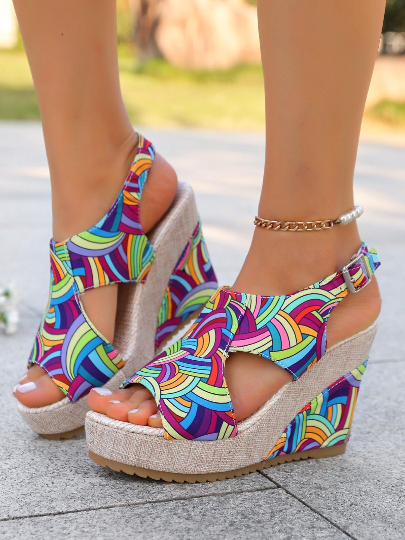 Women's Boho Rainbow Wedge Sandals, Adjustable Back Strap, Thick Sole, Anti-Slip, Comfortable, Multi-Color, Beach Vacation Shoes