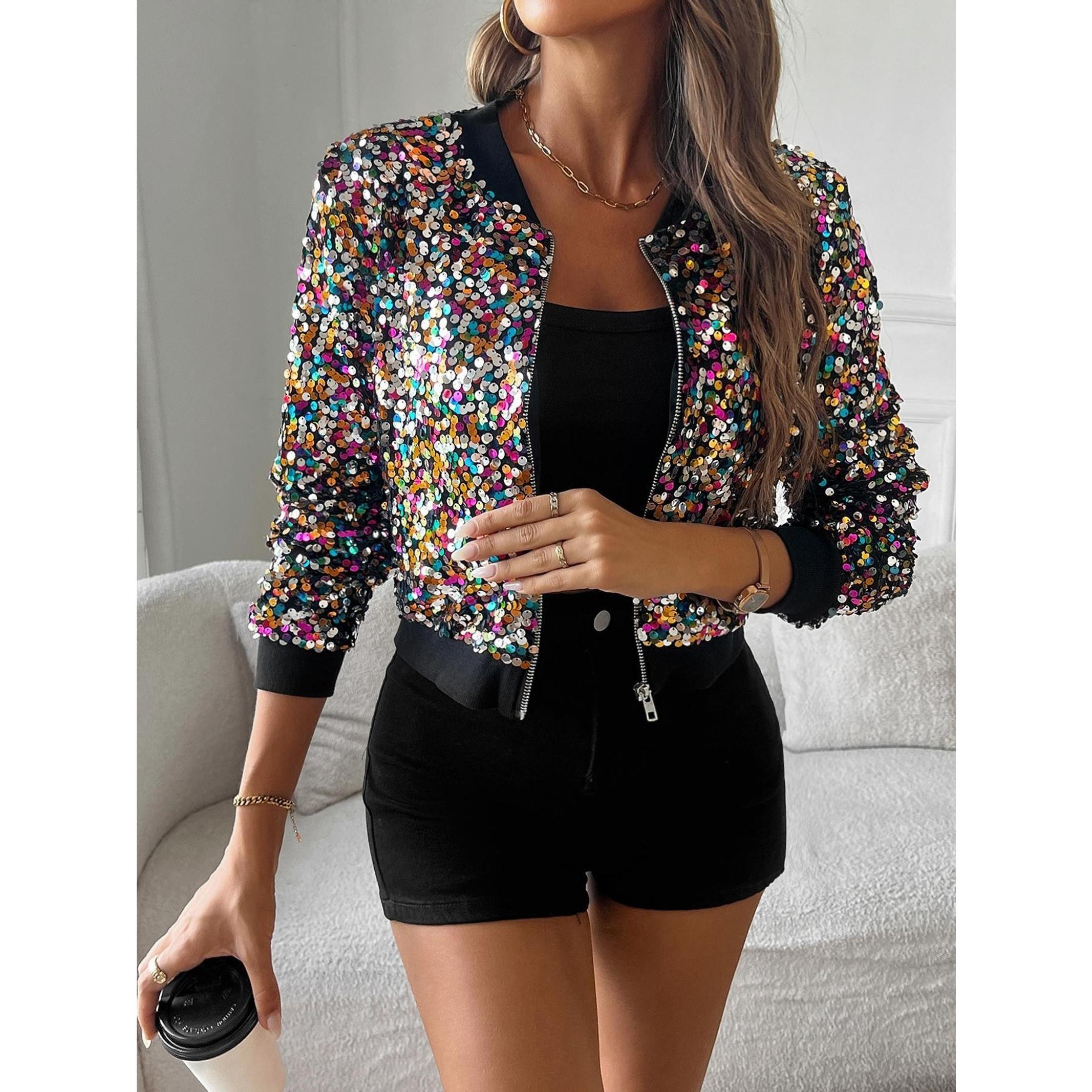 Women's Glitter Sequin Zip Up Jacket, Casual Long Sleeve V Neck Outerwear for Daily Wear, Ladies Clothes for All Seasons, Coats