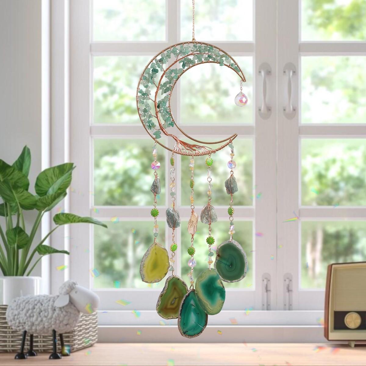 Gemstone Moon Suncatcher - Copper Wire Wrapped Tree of Life & Natural Agate Slice Wind Chimes, Crystal Rainbow Maker for Home Window, Garden & Wedding Decor, Perfect Birthday Gift