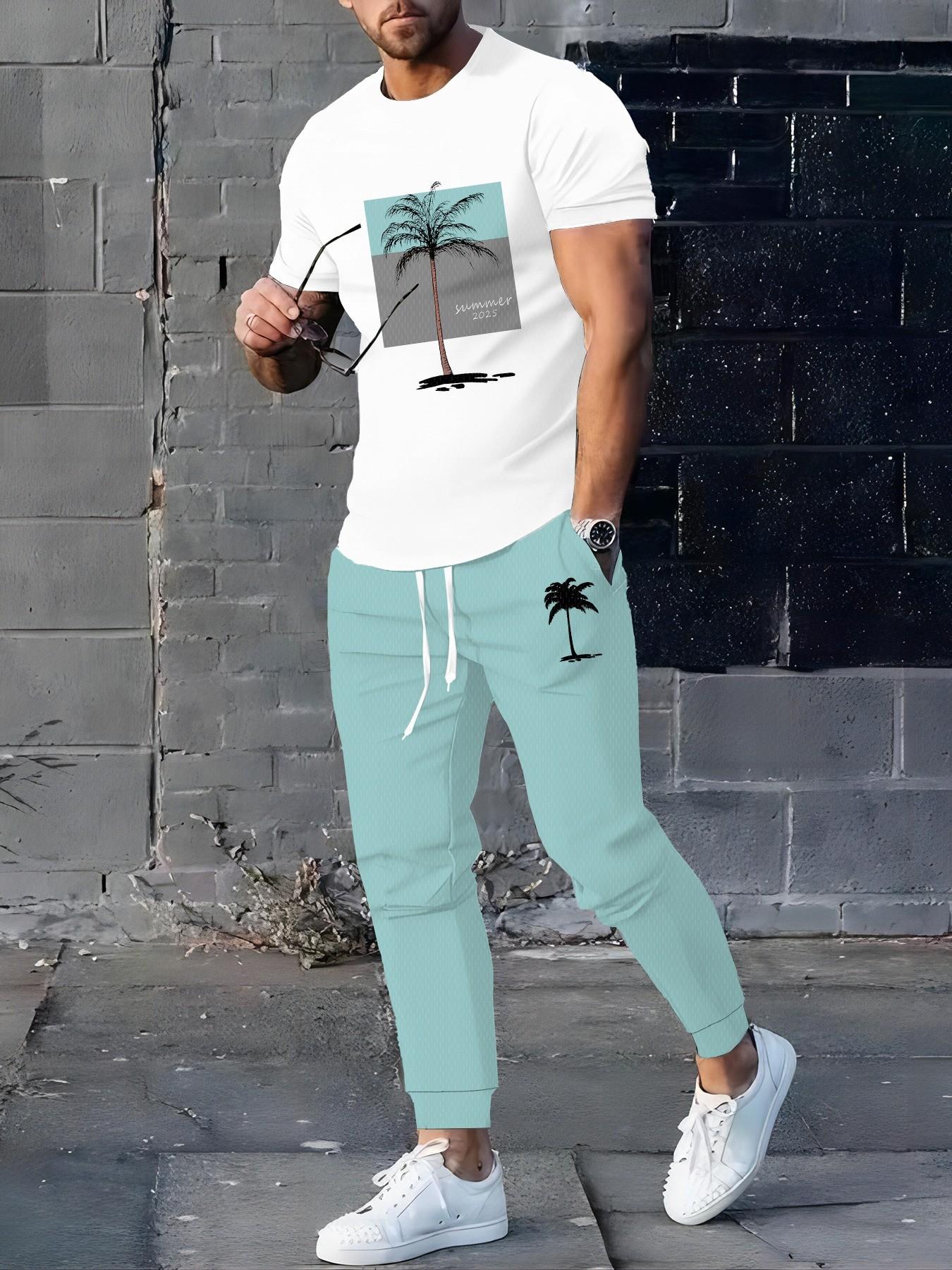 Men's Summer Palm Tree Print 2-Piece Set, Short Sleeve Tee + Mint Drawstring Joggers, Lightweight Casual